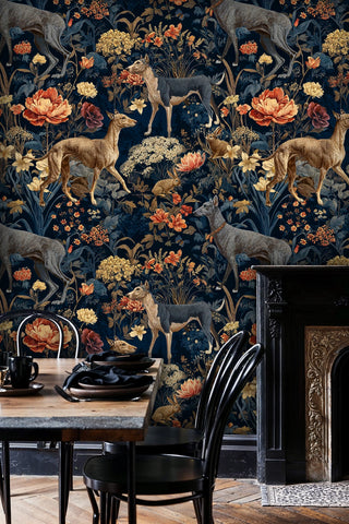 Botanical animal wallpaper with deer and rabbits in navy backdrop, shown in elegant dining room with black marble table