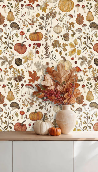 Botanical autumn wallpaper featuring pumpkins and toadstools on ivory, above a sideboard with a ceramic vase and dried leaves
