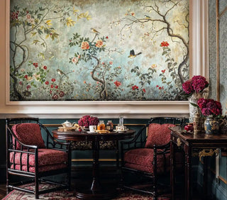 Botanical bird wall mural with vintage patina shown in sophisticated dining room with burgundy upholstered chairs