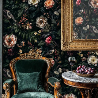 Botanical bird wallpaper with coral roses and butterflies in luxurious dining room with ornate furniture