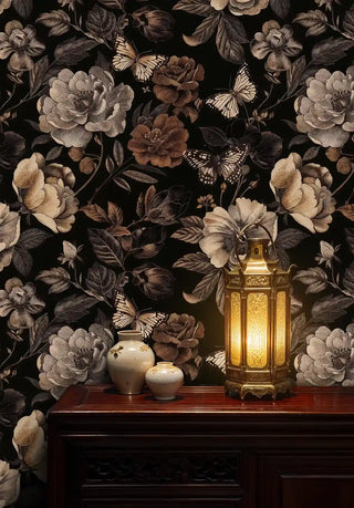 Botanical butterfly wallpaper featuring brown flowers and cream butterflies, displayed in entryway with ornate lantern