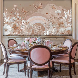 Botanical butterfly wallpaper with rainbow motif, displayed in formal dining room with coral upholstered chairs