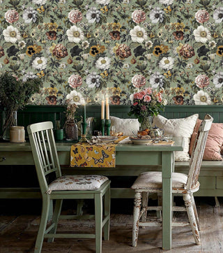 Botanical butterfly wallpaper with roses, daisies and sage green background, displayed in rustic dining room with green bench