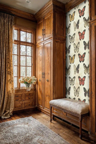 Botanical butterfly wallpaper with scientific accuracy in traditional bedroom nook with built-in bench seating