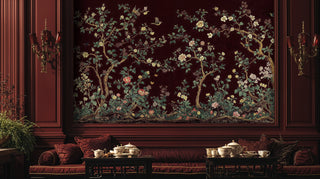 Botanical chinoiserie wallpaper featuring flowering trees and birds in elegant dining room with tea service