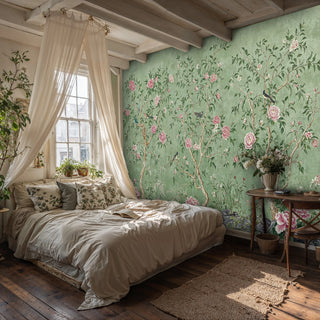 Botanical chinoiserie wallpaper featuring pink peonies and birds, displayed in rustic bedroom with exposed beams