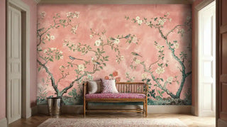 Botanical chinoiserie wallpaper with birds and branches in elegant entryway with wooden bench