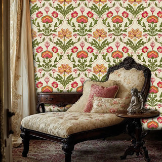 Botanical damask wallpaper with intricate flowers in elegant bedroom with carved chaise lounge and statue