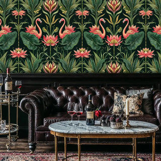 Botanical flamingo wallpaper featuring pink birds and lily pads, in sophisticated lounge with leather chesterfield sofa