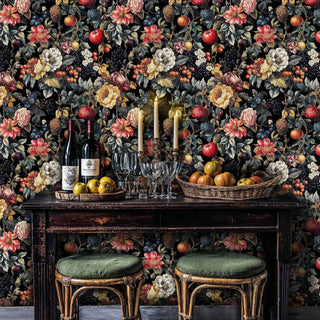 Botanical fruit garden wallpaper featuring colorful blooms and berries in sophisticated dining room with wine display