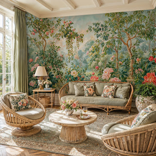 Botanical garden wall mural with blooming peonies and trailing vines in a sunlit conservatory with rattan furniture