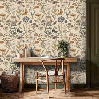 Botanical garden wallpaper with wildflowers, butterflies and mushrooms in cream, blue and gold, in rustic home office