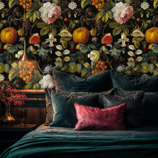 Botanical harvest wall mural with peonies and pumpkins creating luxurious bedroom ambiance with brass bedside lighting