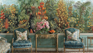 Botanical jungle wall mural with vibrant flora displayed in classic sitting room with ornate gilt console table