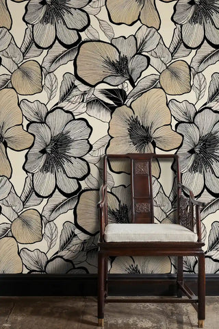 Botanical line art wallpaper featuring oversized hibiscus blooms in black and brown, shown with traditional wooden chair