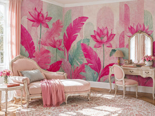 Botanical lotus wall mural with pink blooms and tropical leaves, in a romantic room with vintage chaise lounge and vanity