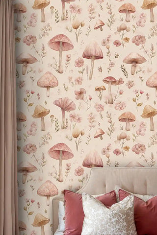 botanical mushroom wallpaper featuring delicate florals and fungi, displayed behind cozy reading chair with pillows