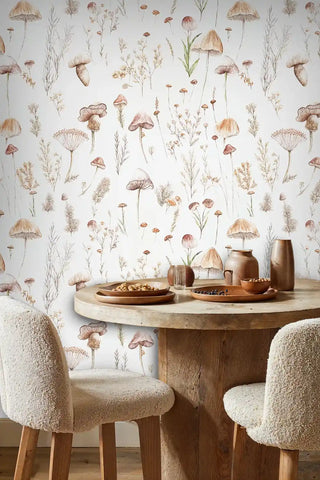 Botanical mushroom wallpaper featuring delicate fungi and grasses, shown in dining room with round wooden table