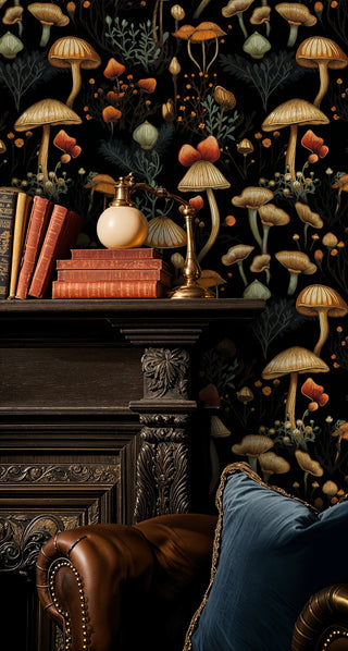 Botanical mushroom wallpaper with golden tones and sage accents, shown in sophisticated study with ornate mantelpiece