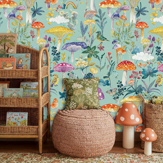 Botanical mushroom wallpaper with rainbow toadstools and butterflies, displayed in reading nook with chair