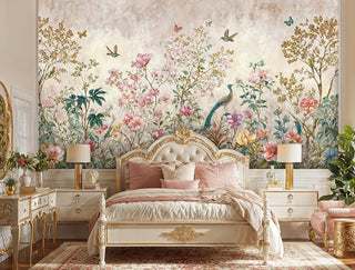 Botanical paradise wall mural featuring blooming flowers and birds in luxurious bedroom with golden headboard