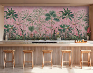 Botanical paradise wall mural featuring tropical plants and birds shown in modern kitchen with wooden bar stools