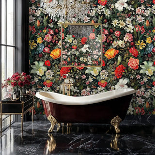 Botanical paradise wallpaper with exotic flowers displayed in opulent bathroom with crystal chandelier