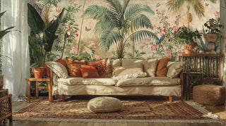 Botanical paradise wallpaper with palm fronds and exotic birds, styled in boho living room with textured cushions