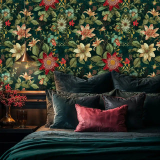 Botanical passion flower wallpaper featuring vibrant blooms in rich teal bedroom with luxurious velvet pillows