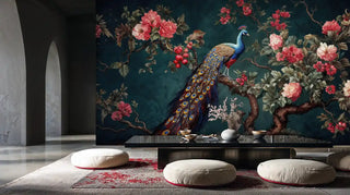 Botanical peacock wall mural featuring detailed roses and branches in zen dining space with floor cushions