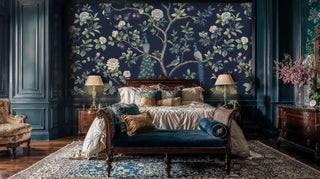 Botanical peacock wall mural in sophisticated bedroom with antique furniture and blue velvet bench