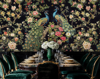 Botanical peacock wallpaper with roses and peonies displayed in refined dining area with gold-trimmed furniture