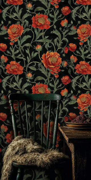Botanical peony wallpaper featuring orange blooms on black, displayed in dining room with vintage chair
