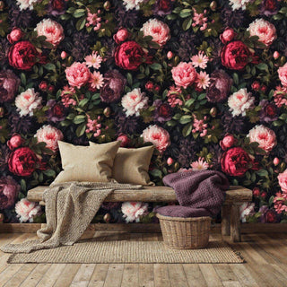 Botanical peony wallpaper with romantic blooms, styled in rustic setting with wooden bench and wicker basket