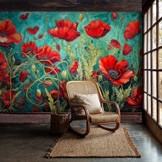 Botanical poppy wall mural featuring coral flowers and golden stems in rustic reading nook with wicker chair