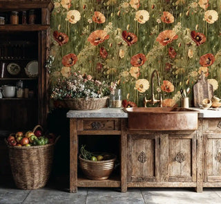 Botanical poppy wallpaper featuring detailed wildflowers and grasses, displayed in rustic kitchen with copper sink