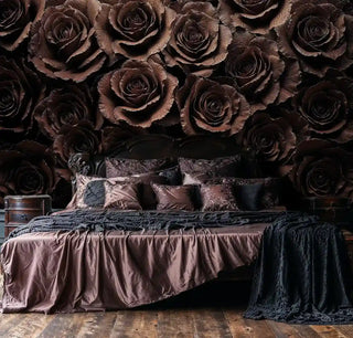 Botanical rose wall mural with rich brown tones displayed in bedroom with wooden headboard