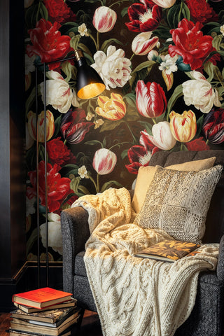 Botanical tulip and peony wallpaper featuring rich florals in elegant reading corner with armchair and floor lamp