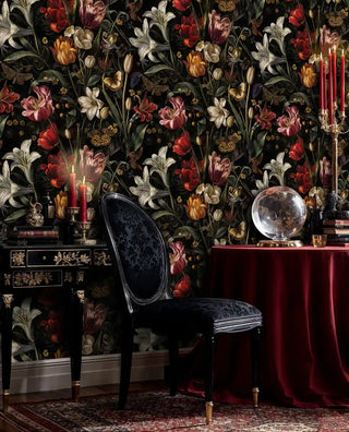 Botanical tulip wallpaper with butterflies in rich colors, displayed in sophisticated study with red velvet drape