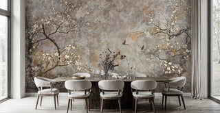 Botanical wall mural featuring cherry blossoms and birds displayed in modern dining room with wooden table and neutral chairs