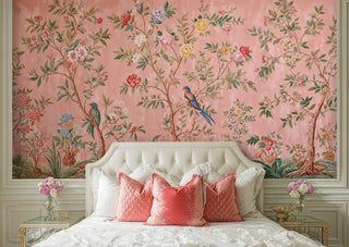 Botanical Wall Mural featuring exotic birds and blooming branches, displayed in bedroom with tufted headboard