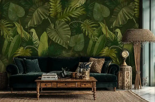 Botanical wall mural featuring exotic tropical foliage, displayed in luxurious living room with velvet sofa