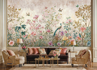 Botanical wall mural featuring peacocks among blooms in contemporary living room with brown leather sofa