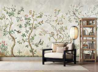 Botanical wall mural featuring songbirds and delicate flowers, displayed in study with wooden bookshelf