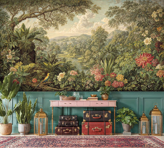 Botanical wall mural with mountain vista displayed in entryway with vintage luggage and brass lanterns