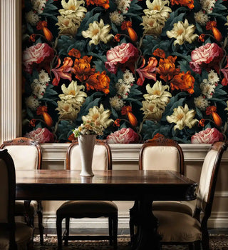 Botanical wallpaper featuring coral lilies and pink roses in formal dining room with antique chairs