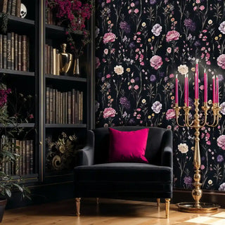 Botanical wallpaper featuring delicate blooms and golden stems, displayed in cozy library with leather chair
