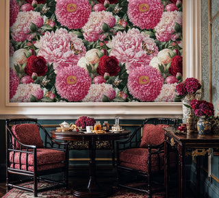 Botanical wallpaper featuring detailed blooms and butterflies in elegant dining room with ornate round table