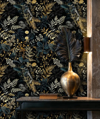 Botanical wallpaper featuring metallic leaves and florals in modern dining area with brass lighting