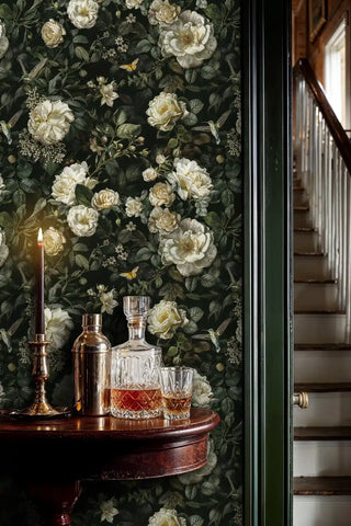 Botanical wallpaper featuring white roses and butterflies in elegant entryway with crystal decanter